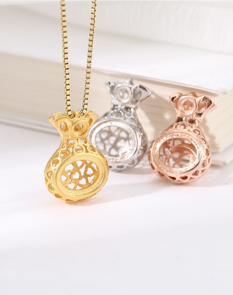 Openwork Gift Bag Oval Base Pendant Setting Bezel Sterling Silver Gold Fine 925 3x3 8x10 mm For Two Stones No Prongs DIY Jewelry Wholesale