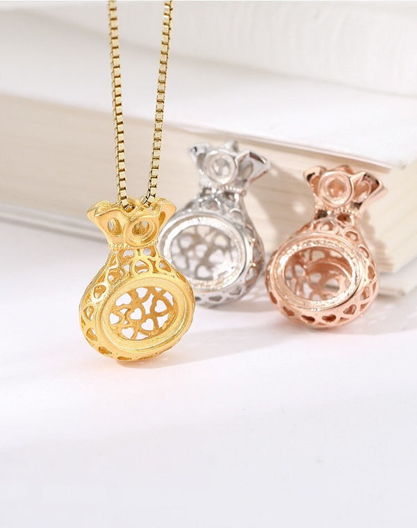 Openwork Gift Bag Oval Base Pendant Setting Bezel Sterling Silver Gold Fine 925 3x3 8x10 mm For Two Stones No Prongs DIY Jewelry Wholesale