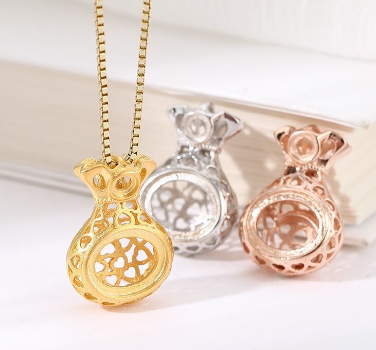 Openwork Gift Bag Oval Base Pendant Setting Bezel Sterling Silver Gold Fine 925 3x3 8x10 mm For Two Stones No Prongs DIY Jewelry Wholesale