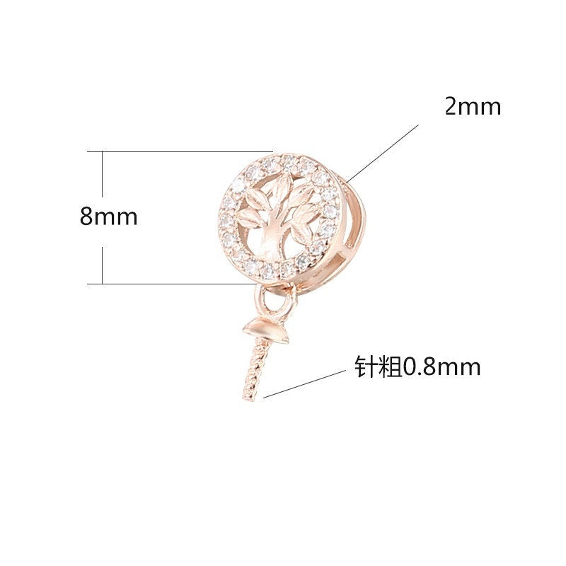 Crystals Tree Pattern Pin Base Pendant Setting Sterling Silver Rose Gold Fine 925 6-10 mm For One Pearl Bead No Prongs DIY Jewelry Wholesale