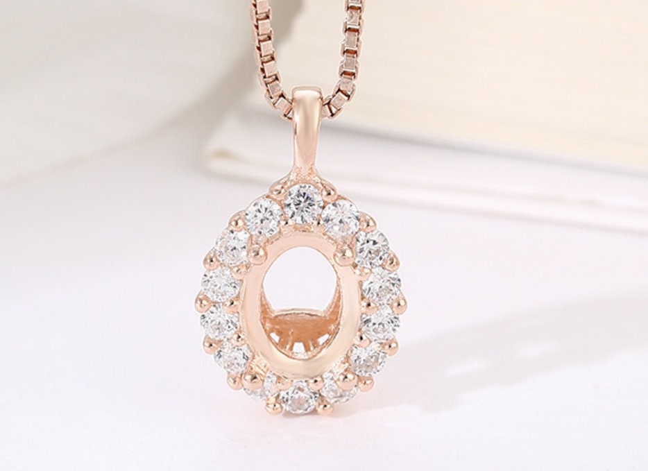 Crystals Oval Base Pendant Blank Setting Sterling Silver Rose Gold Fine 925 6x8 mm For One Stone Gemstone Four Prongs DIY Jewelry Wholesale