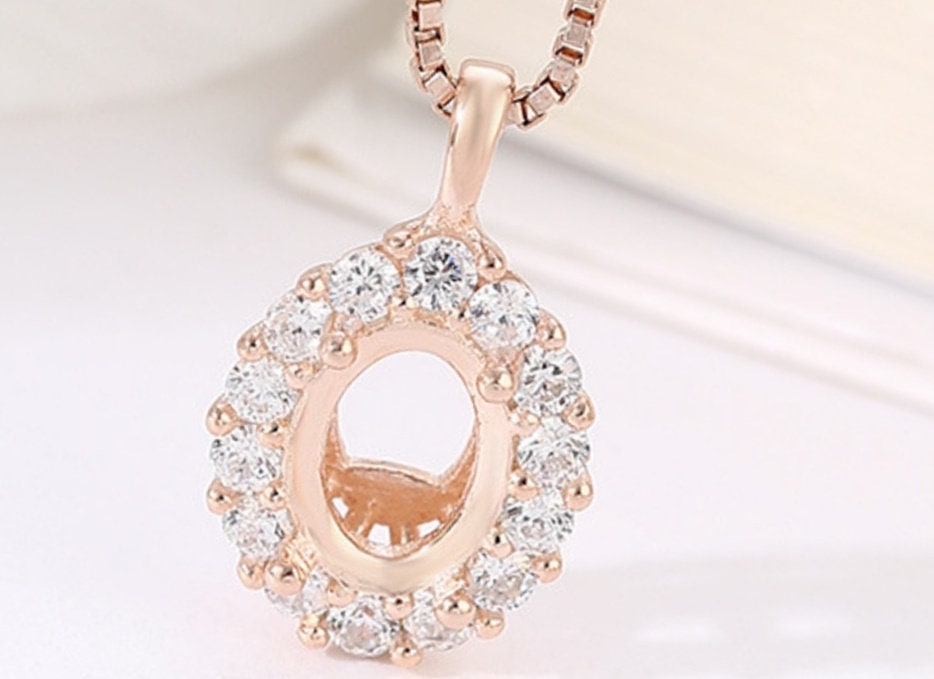 Crystals Oval Base Pendant Blank Setting Sterling Silver Rose Gold Fine 925 6x8 mm For One Stone Gemstone Four Prongs DIY Jewelry Wholesale