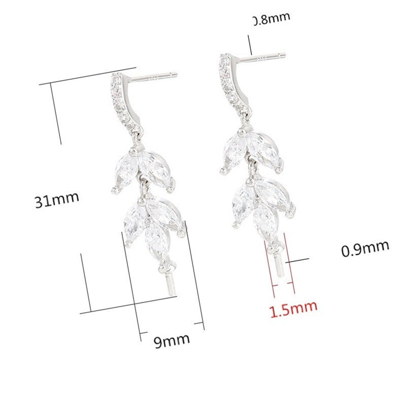 Crystals Leaf Pin Base Stud Earrings Setting Sterling Silver White Gold Fine 925 6-10mm For One Bead Pearl No Prongs DIY Jewelry Wholesale