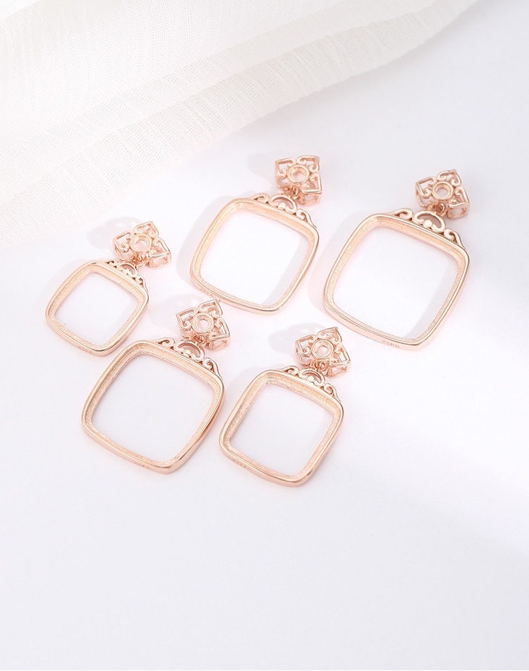 Vintage Square Round Base Pendant Setting Fine Sterling Silver Rose Gold 925 10-16 mm For Two Stones No Prongs DIY Jewelry Wholesale