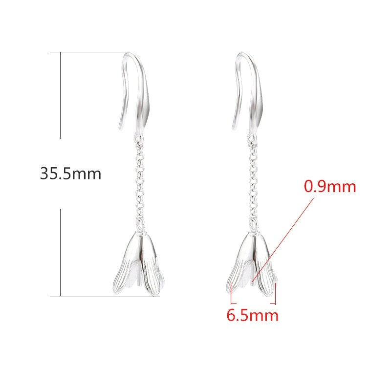 Flower Bell Cup Pin Earrings Hook Setting Fine Sterling Silver White Gold 925 6.5 mm For One Pearl Bead No Prongs DIY Jewelry Wholesale