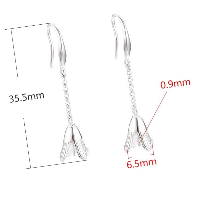 Flower Bell Cup Pin Earrings Hook Setting Fine Sterling Silver White Gold 925 6.5 mm For One Pearl Bead No Prongs DIY Jewelry Wholesale