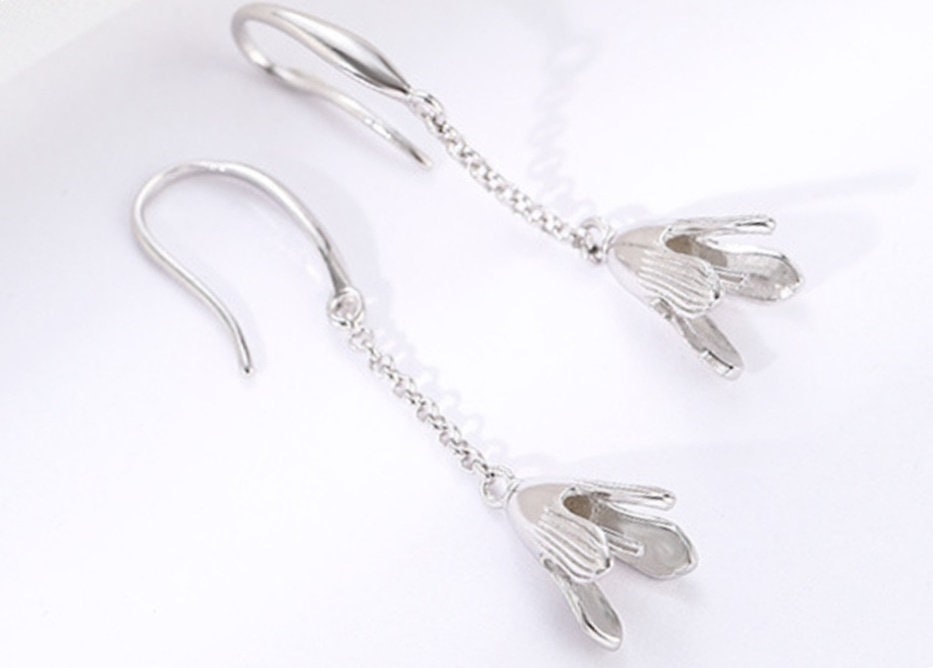 Flower Bell Cup Pin Earrings Hook Setting Fine Sterling Silver White Gold 925 6.5 mm For One Pearl Bead No Prongs DIY Jewelry Wholesale