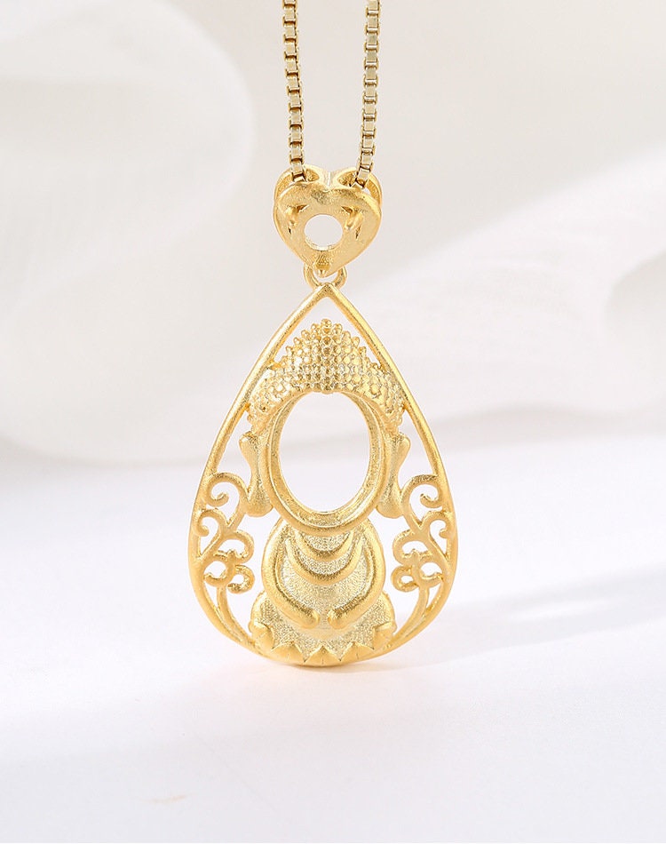 Teardrop Shaped Oval Base Pendant Setting Sterling Silver Gold Fine 925 7x9 mm For One Stone Gemstone No Prongs DIY Jewelry Wholesale