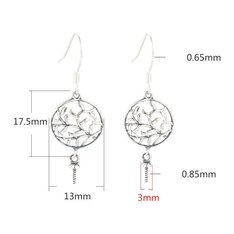 Leaf Pattern Round Cup Earrings Hook Setting Fine Sterling Silver White Gold 925 3 mm For One Pearl Bead No Prongs DIY Jewelry Wholesale