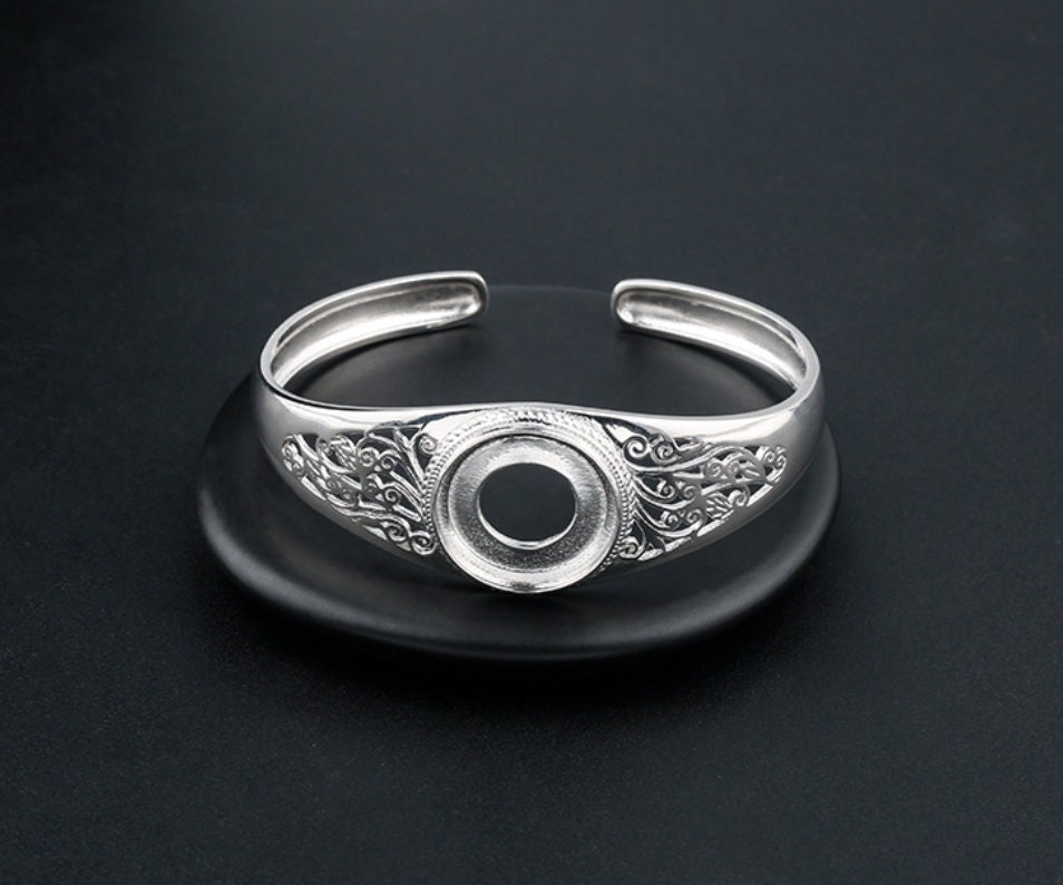 Ethnic Flower Pattern Round Mount Bracelet No Prongs Setting Sterling Silver Fine 925 18x18mm For One Stone Adjustable DIY Jewelry Wholesale