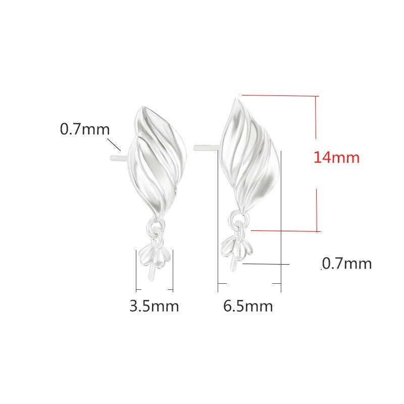 Leaf Pin Base Stud Earrings Setting Sterling Silver White Rose Gold Fine 925 3.5mm For One Bead Pearl No Prongs DIY Jewelry Wholesale