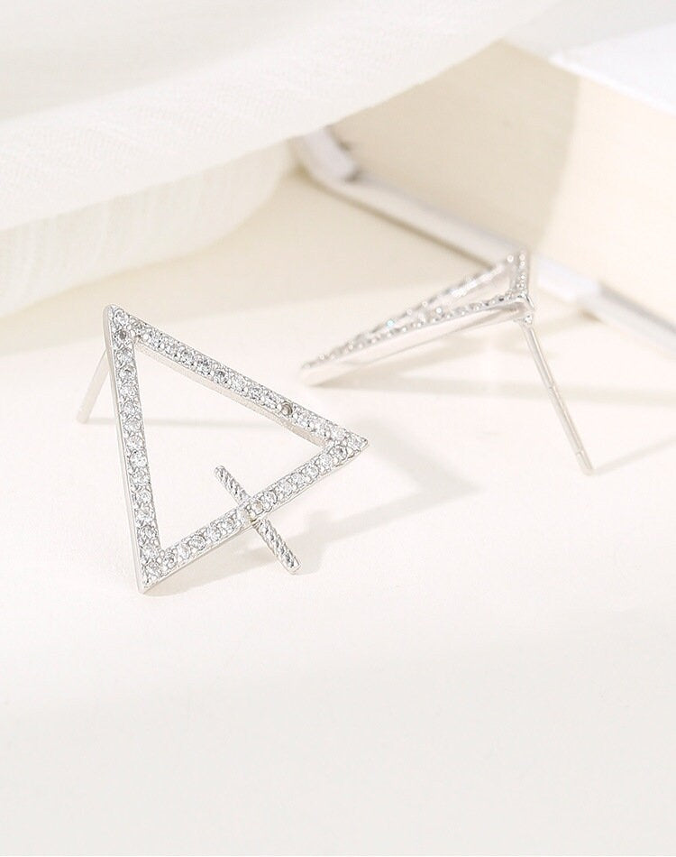 Crystals Triangle Pin Base Stud Earrings Setting Sterling Silver White Gold Fine 925 3-10mm For Two Pearls No Prongs DIY Jewelry Wholesale