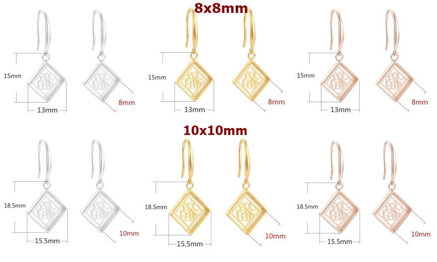 Square Base Earrings Hook Blank Setting Sterling Silver Rose Gold Fine 925 8 10 12 mm For One Stone Gemstone No Prongs DIY Jewelry Wholesale