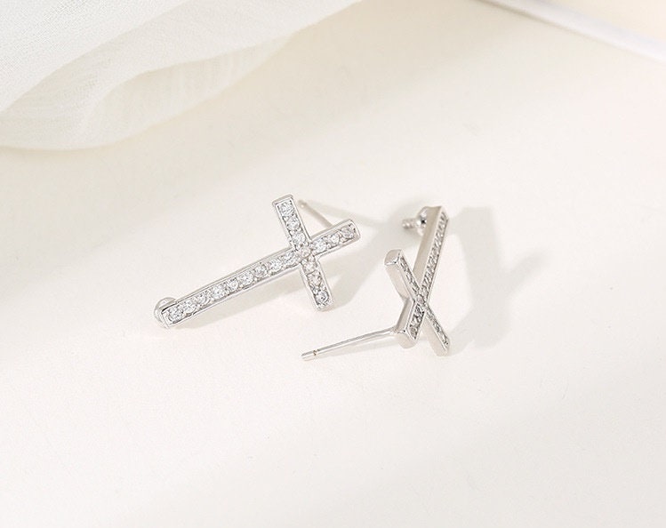 Crystals Cross Pin Base Stud Earrings Setting Wholesale Sterling Silver White Gold Fine 925 4-8mm For One Bead Pearl No Prongs DIY Jewelry