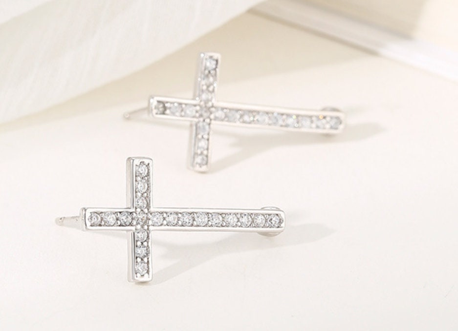 Crystals Cross Pin Base Stud Earrings Setting Wholesale Sterling Silver White Gold Fine 925 4-8mm For One Bead Pearl No Prongs DIY Jewelry