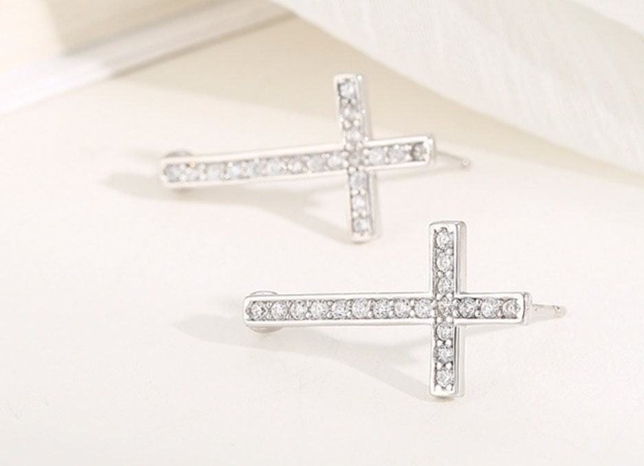 Crystals Cross Pin Base Stud Earrings Setting Wholesale Sterling Silver White Gold Fine 925 4-8mm For One Bead Pearl No Prongs DIY Jewelry