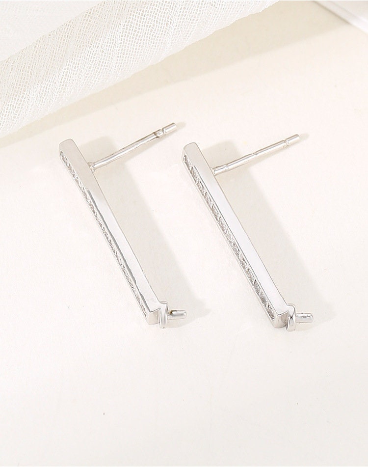 Crystals Rectangle Stick Pin Base Stud Earrings Setting Fine Sterling Silver 925 4-8mm For One Bead Pearl No Prongs DIY Jewelry Wholesale