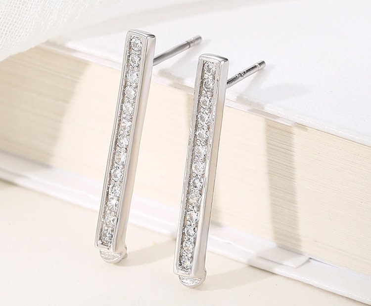 Crystals Rectangle Stick Pin Base Stud Earrings Setting Fine Sterling Silver 925 4-8mm For One Bead Pearl No Prongs DIY Jewelry Wholesale