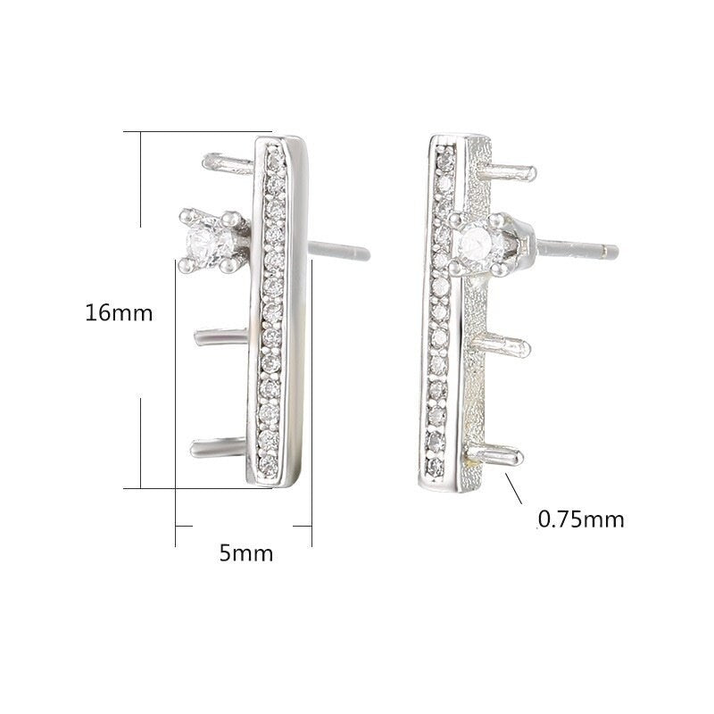 Crystals Rectangle Stick Pin Base Stud Earrings Setting Fine Sterling Silver 925 4x4mm For Three Pearls No Prongs DIY Jewelry Wholesale