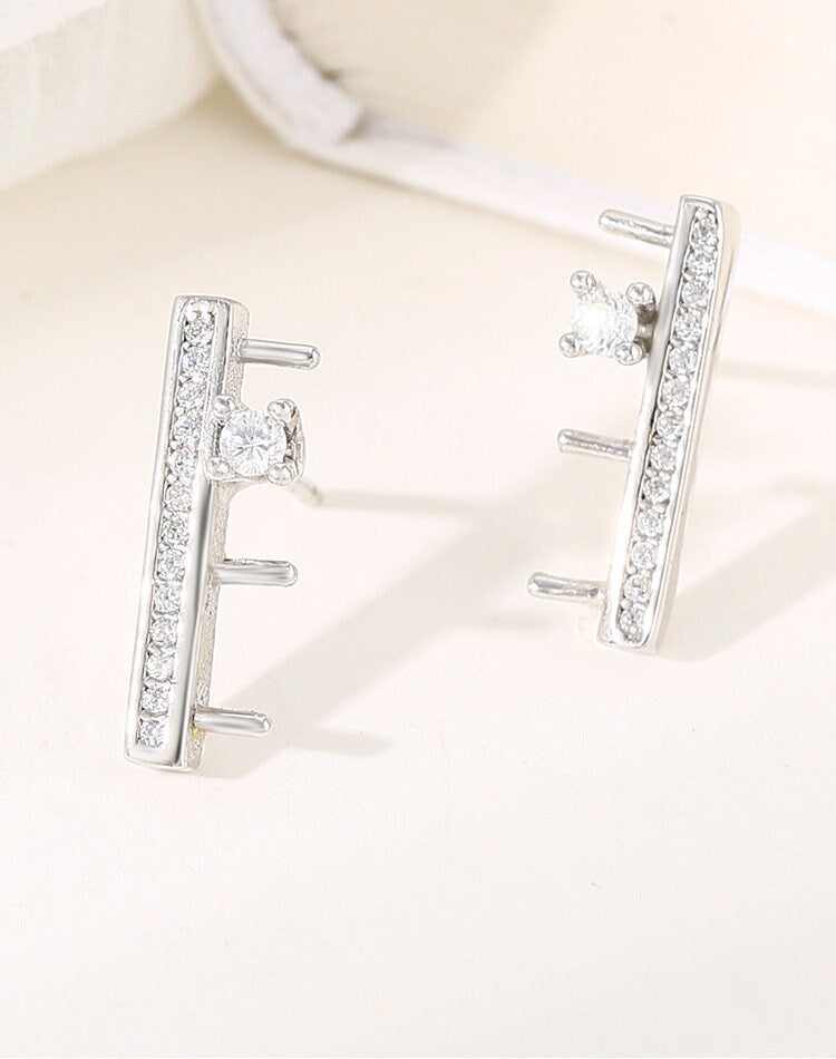 Crystals Rectangle Stick Pin Base Stud Earrings Setting Fine Sterling Silver 925 4x4mm For Three Pearls No Prongs DIY Jewelry Wholesale