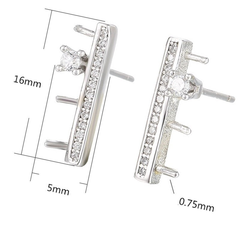 Crystals Rectangle Stick Pin Base Stud Earrings Setting Fine Sterling Silver 925 4x4mm For Three Pearls No Prongs DIY Jewelry Wholesale