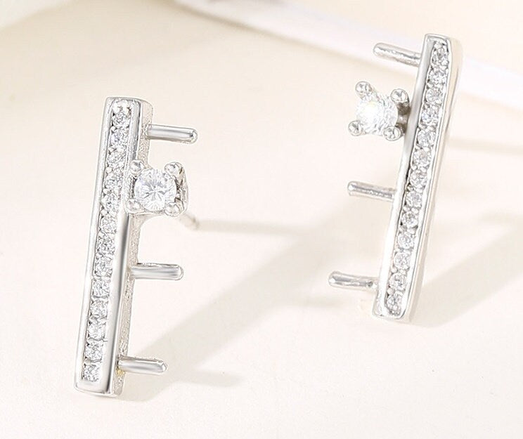 Crystals Rectangle Stick Pin Base Stud Earrings Setting Fine Sterling Silver 925 4x4mm For Three Pearls No Prongs DIY Jewelry Wholesale