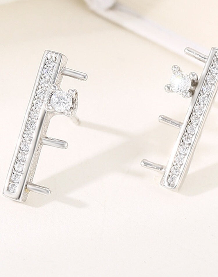 Crystals Rectangle Stick Pin Base Stud Earrings Setting Fine Sterling Silver 925 4x4mm For Three Pearls No Prongs DIY Jewelry Wholesale