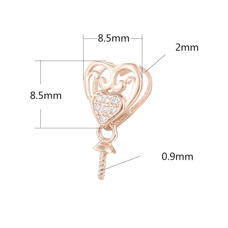 Crystals Heart Pin Base Pendant Setting Sterling Silver Rose Gold Fine 925 6-10 mm For One Pearl Bead No Prongs DIY Jewelry Wholesale