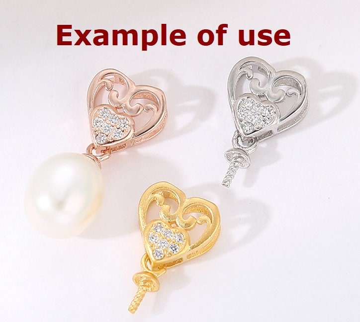 Crystals Heart Pin Base Pendant Setting Sterling Silver Rose Gold Fine 925 6-10 mm For One Pearl Bead No Prongs DIY Jewelry Wholesale