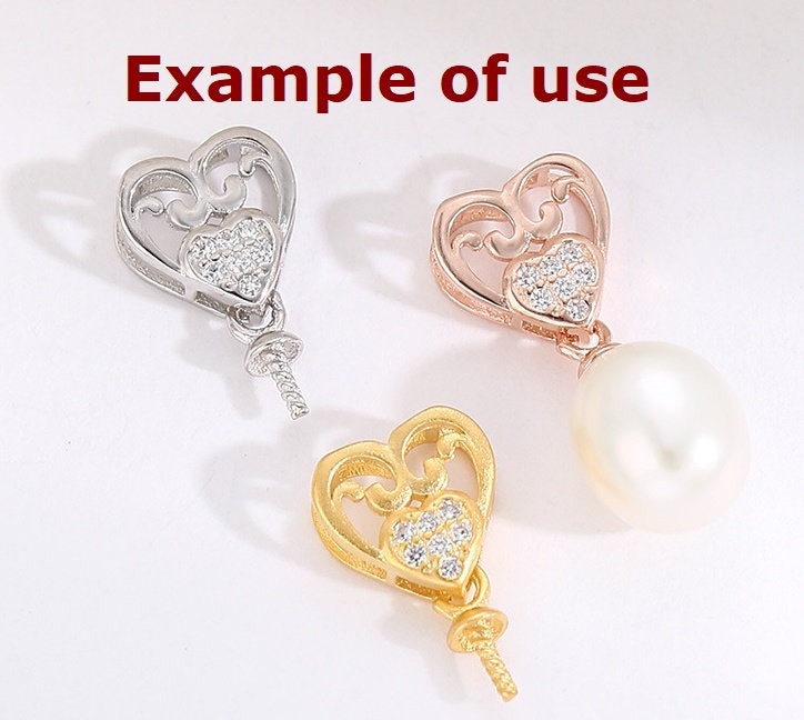 Crystals Heart Pin Base Pendant Setting Sterling Silver Rose Gold Fine 925 6-10 mm For One Pearl Bead No Prongs DIY Jewelry Wholesale