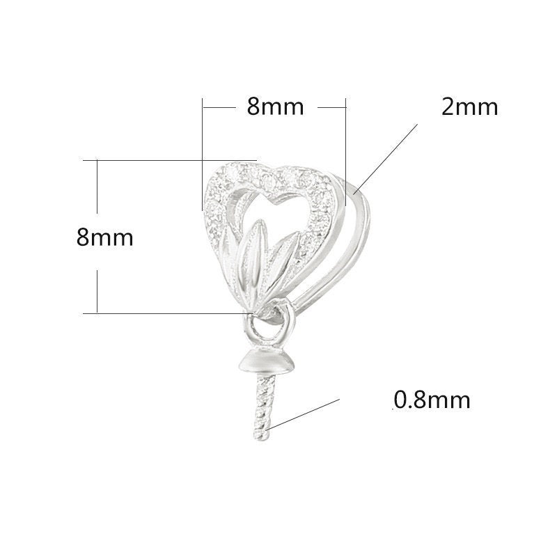 Crystals Heart Pin Base Pendant Setting Sterling Silver Rose Gold Fine 925 6-10 mm For One Pearl Bead No Prongs DIY Jewelry Wholesale