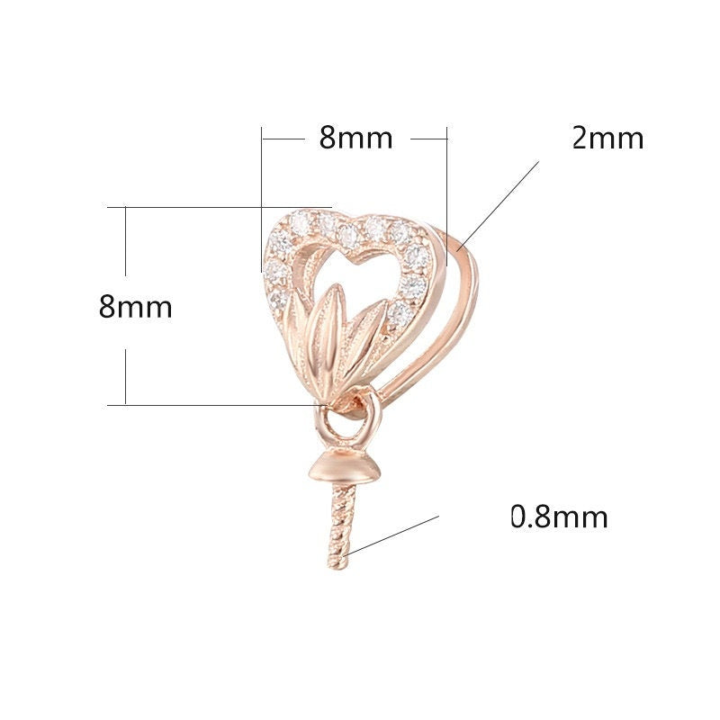 Crystals Heart Pin Base Pendant Setting Sterling Silver Rose Gold Fine 925 6-10 mm For One Pearl Bead No Prongs DIY Jewelry Wholesale