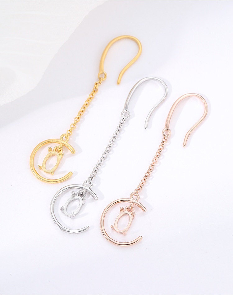 Moon C-Shape Chain Oval Base Hook Earrings Setting Sterling Silver Rose Gold Fine 925 4x6mm For One Stone Four Prongs DIY Jewelry Wholesale