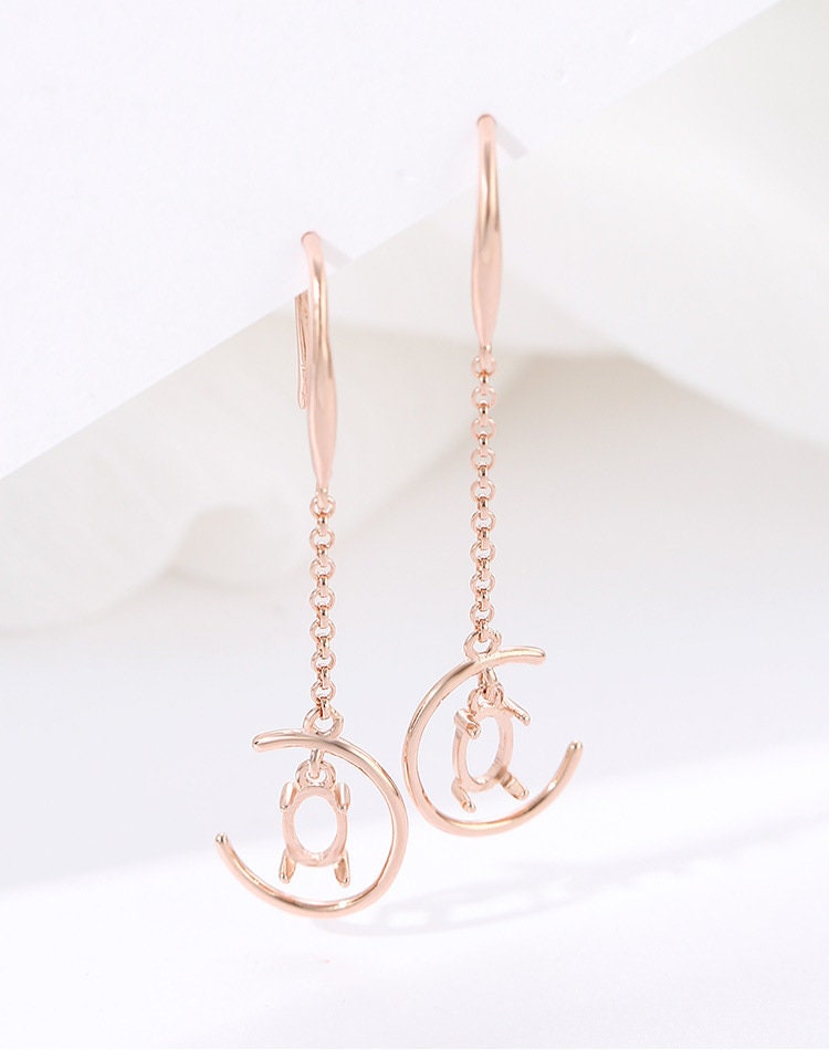 Moon C-Shape Chain Oval Base Hook Earrings Setting Sterling Silver Rose Gold Fine 925 4x6mm For One Stone Four Prongs DIY Jewelry Wholesale