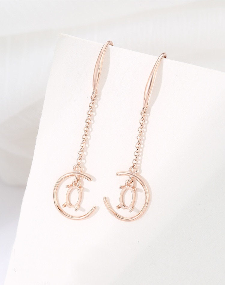 Moon C-Shape Chain Oval Base Hook Earrings Setting Sterling Silver Rose Gold Fine 925 4x6mm For One Stone Four Prongs DIY Jewelry Wholesale