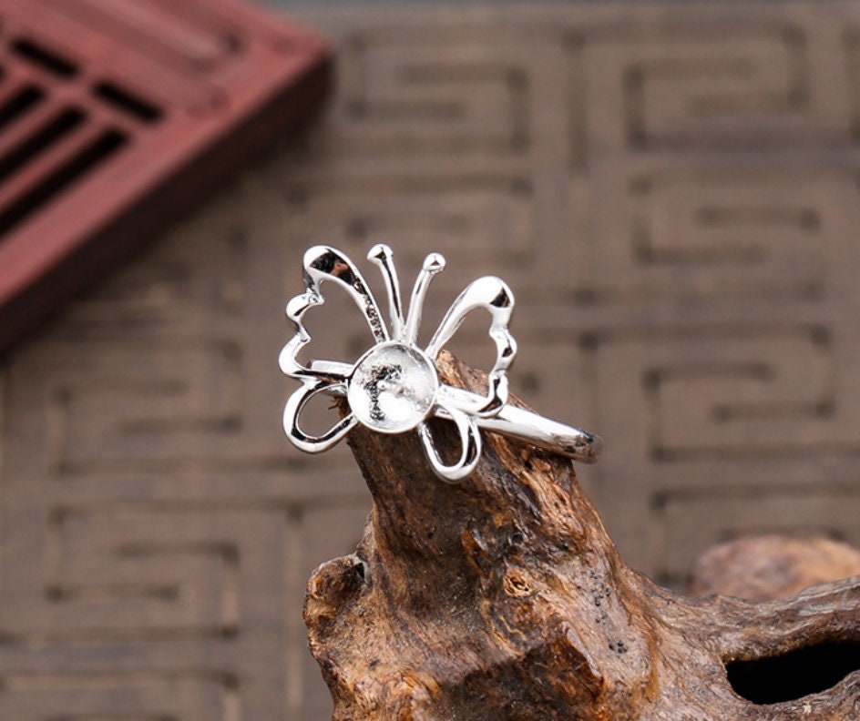 Ring Blank Setting 1pc Sterling Silver 925 Butterfly Shape Pin Base Retro Fine 6-8mm For One Pearl Bead Adjustable No Prongs Wholesale