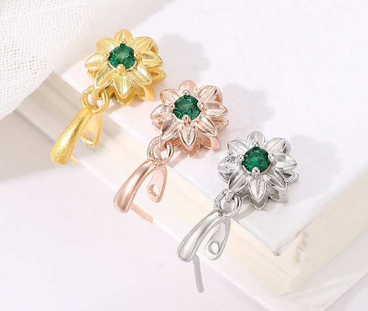 Green Crystal Flower Buckle Clip Pendant Setting Wholesale Sterling Silver Rose Gold Fine 925 4x4 mm For One Stone No Prongs DIY Jewelry