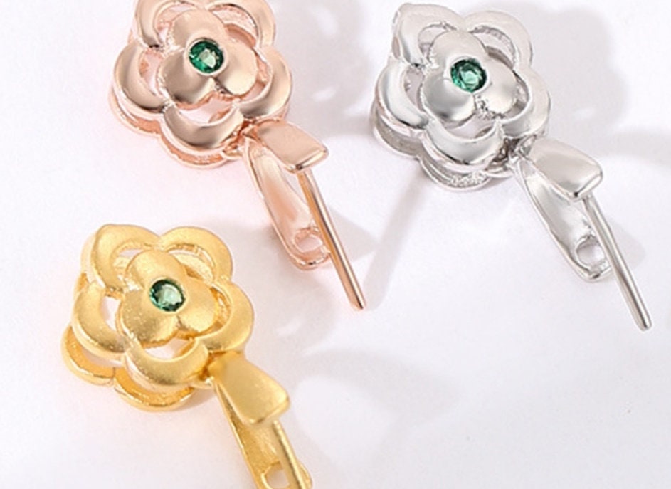 Green Crystal Flower Buckle Clip Pendant Setting Wholesale Sterling Silver Rose Gold Fine 925 4x4 mm For One Stone No Prongs DIY Jewelry