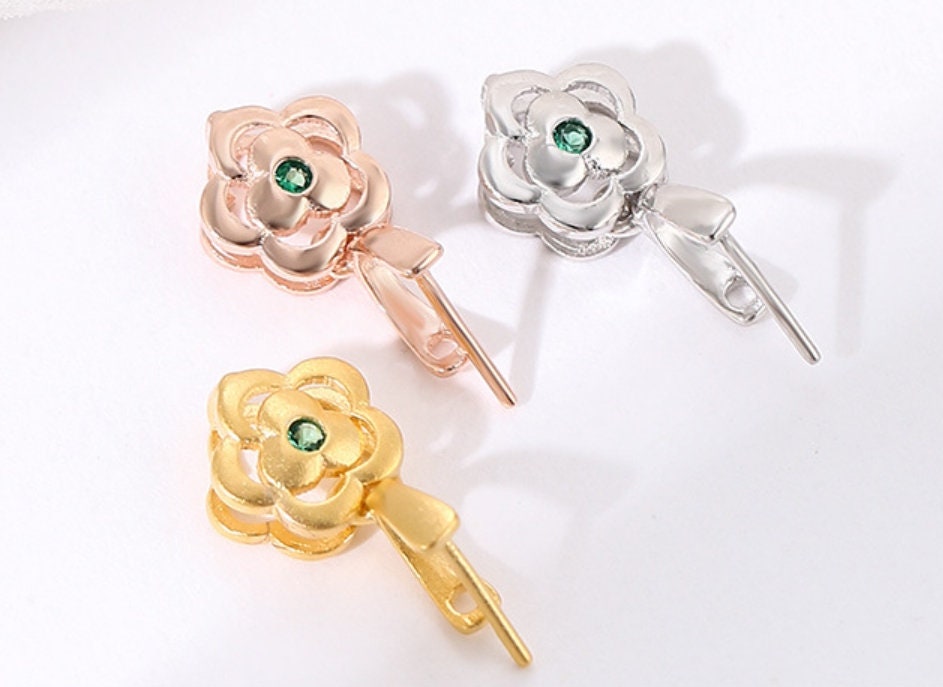 Green Crystal Flower Buckle Clip Pendant Setting Wholesale Sterling Silver Rose Gold Fine 925 4x4 mm For One Stone No Prongs DIY Jewelry