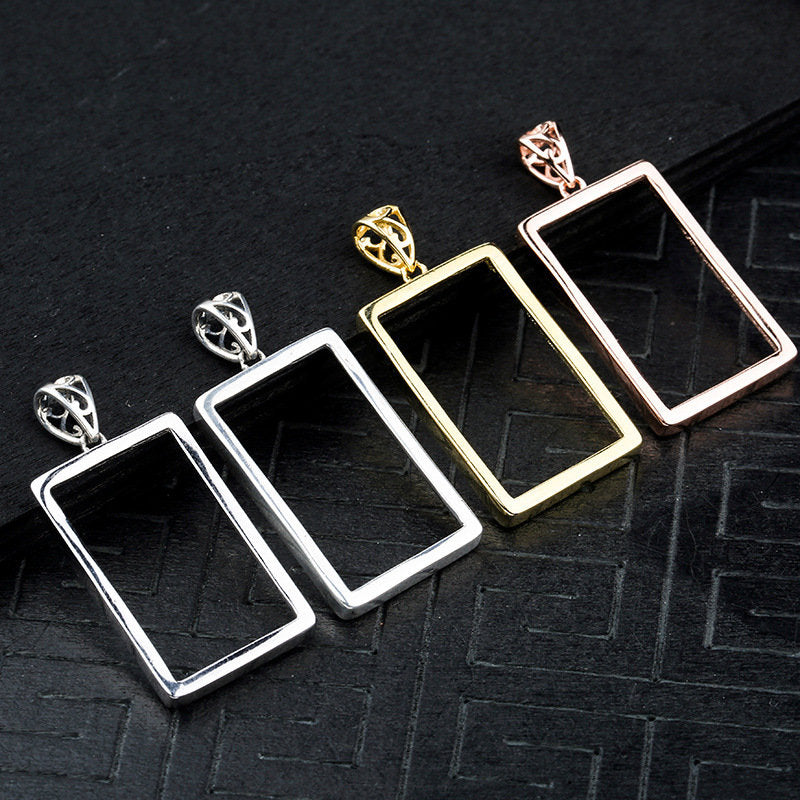 Simple Rectangle Base Pendant Setting Fine Sterling Silver Rose Gold 925 14-30 mm For One Stone Gemstone No Prongs DIY Jewelry Wholesale