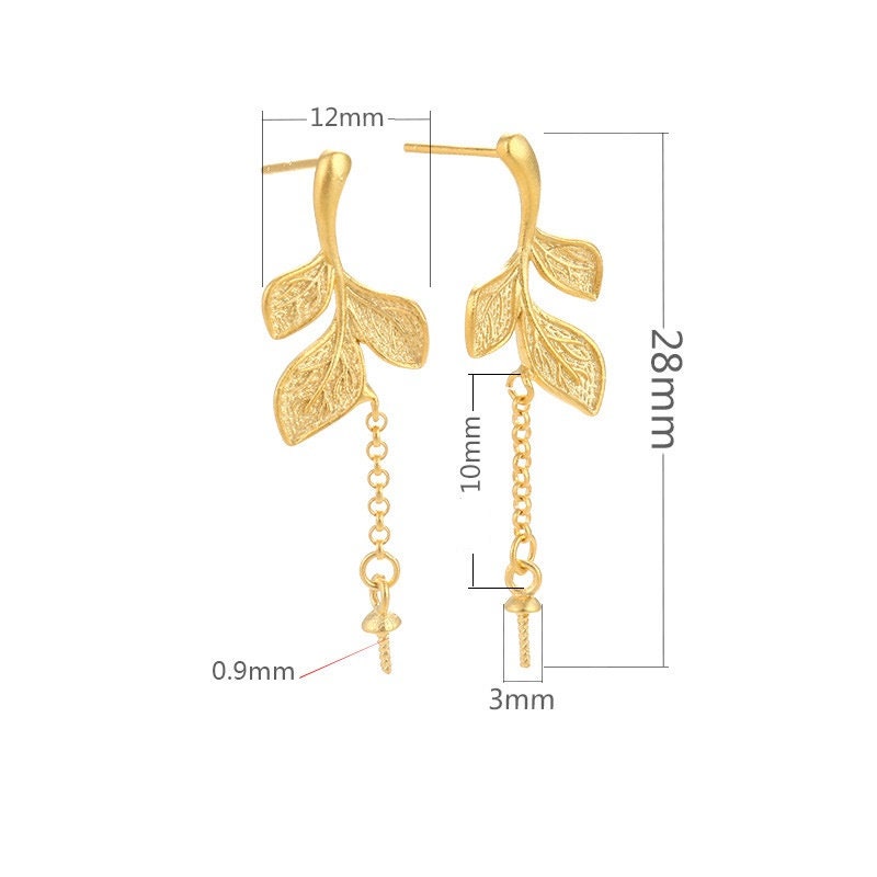 Leaf Chain Cup Pin Earrings Stud Setting Sterling Silver Gold Fine 925 5-10 mm For One Pearl Bead No Prongs DIY Jewelry Wholesale