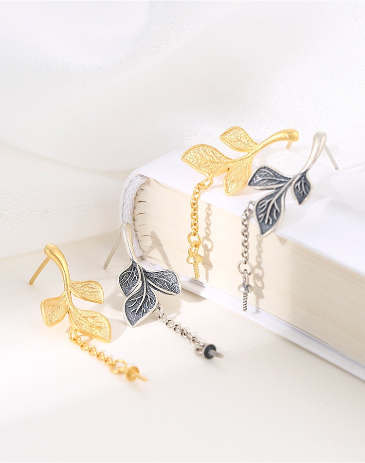 Leaf Chain Cup Pin Earrings Stud Setting Sterling Silver Gold Fine 925 5-10 mm For One Pearl Bead No Prongs DIY Jewelry Wholesale