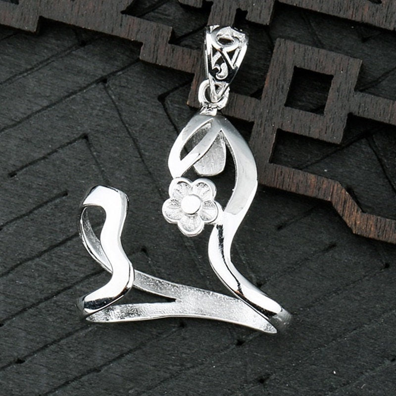 Flower Holder Pendant No Prongs Setting Sterling Silver White Gold Fine 925 24x34mm For One Stone Gemstone Adjustable DIY Jewelry Wholesale