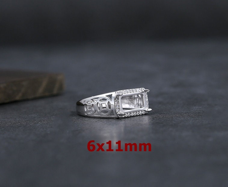 Ring Blank Setting 1pc Sterling Silver 925 Rectangle Base Four Prongs White Gold Fine 6x11mm For One Stone Gemstones Adjustable Wholesale