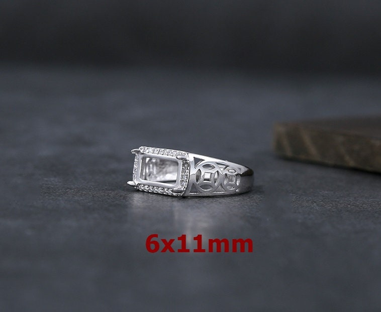 Ring Blank Setting 1pc Sterling Silver 925 Rectangle Base Four Prongs White Gold Fine 6x11mm For One Stone Gemstones Adjustable Wholesale