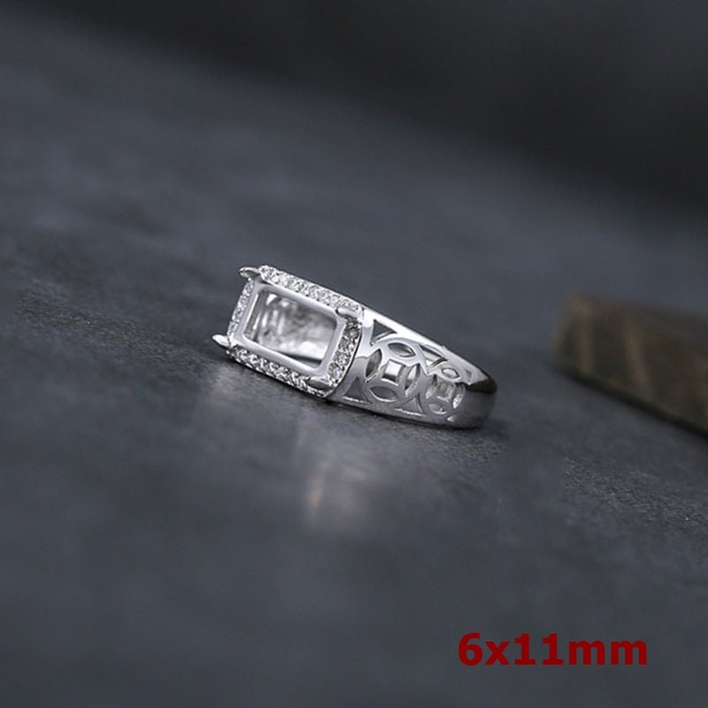 Ring Blank Setting 1pc Sterling Silver 925 Rectangle Base Four Prongs White Gold Fine 6x11mm For One Stone Gemstones Adjustable Wholesale