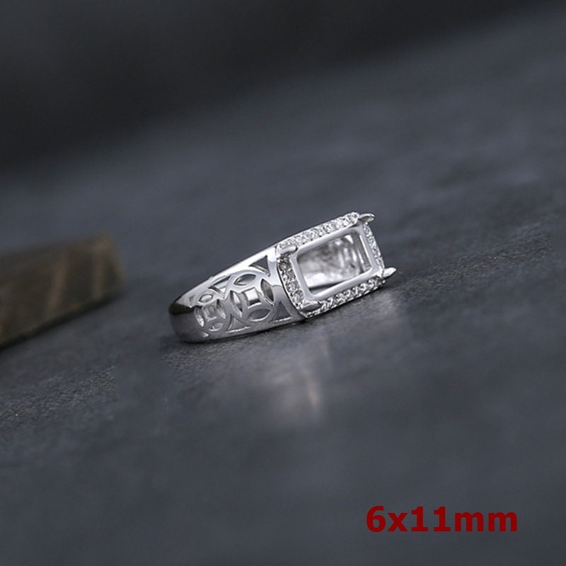 Ring Blank Setting 1pc Sterling Silver 925 Rectangle Base Four Prongs White Gold Fine 6x11mm For One Stone Gemstones Adjustable Wholesale