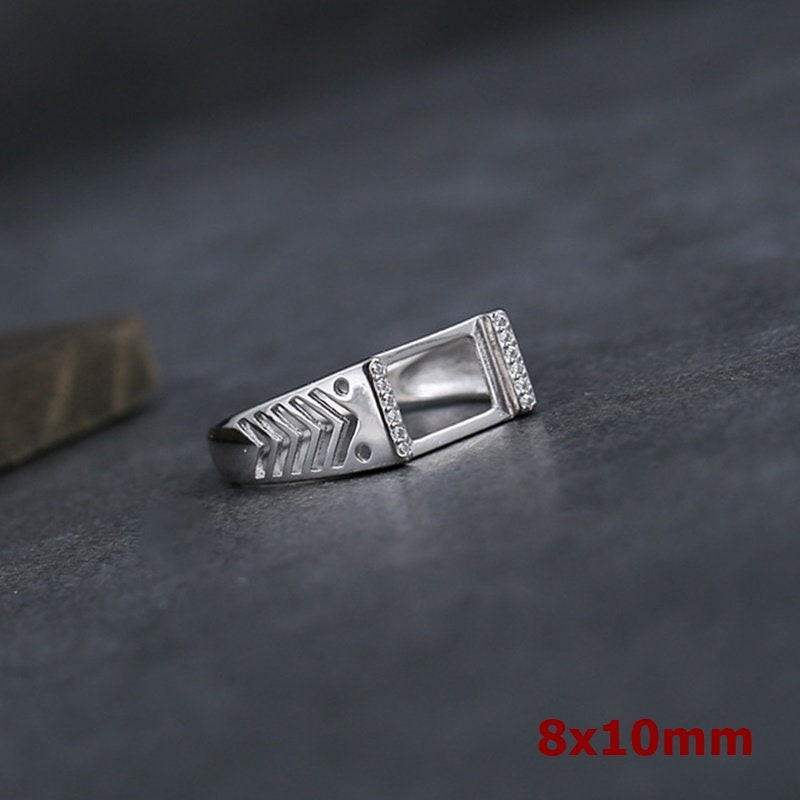 Ring Blank Setting 1pc Sterling Silver 925 Crystals Rectangle Base White Gold Fine 8x10mm For One Stone Adjustable No Prongs Wholesale