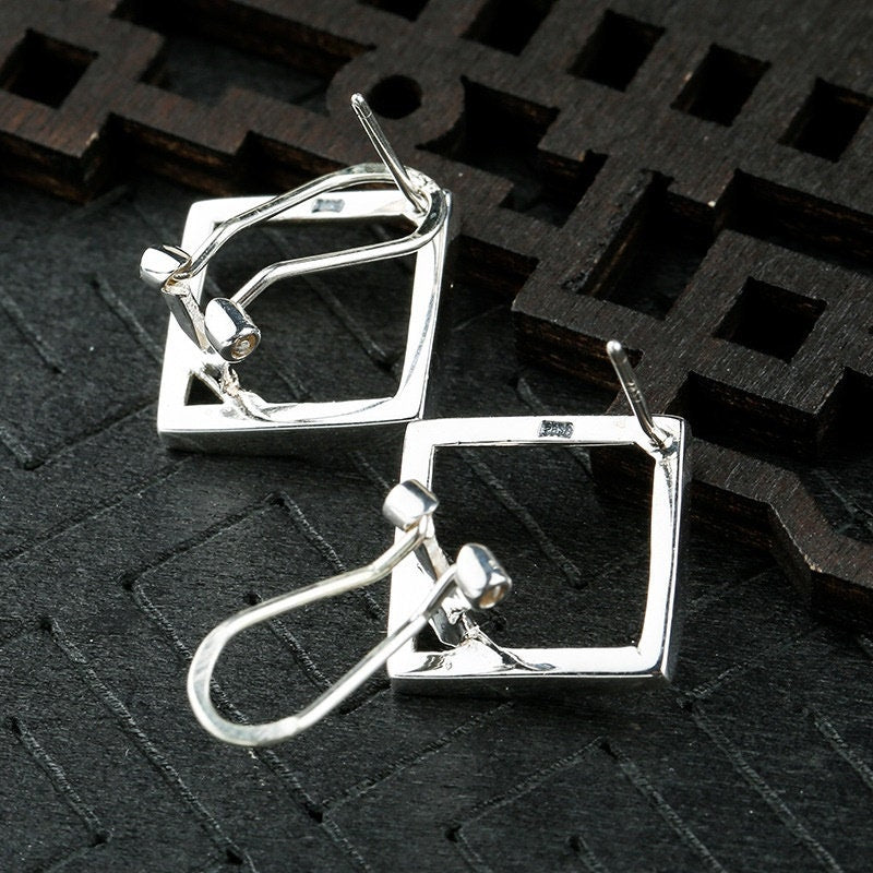 Square Base Holder Clamp Stud Earrings Setting Sterling Silver White Gold Fine 925 14x14 mm For One Stone No Prongs DIY Jewelry Wholesale