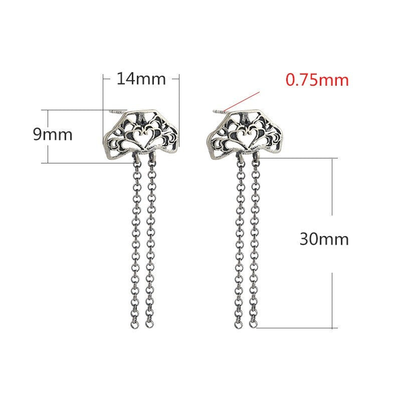 Retro Heart Love Chain Earrings Stud Setting Fine Sterling Silver Antique 925 14x39mm For Two Pearls Beads No Prongs DIY Jewelry Wholesale